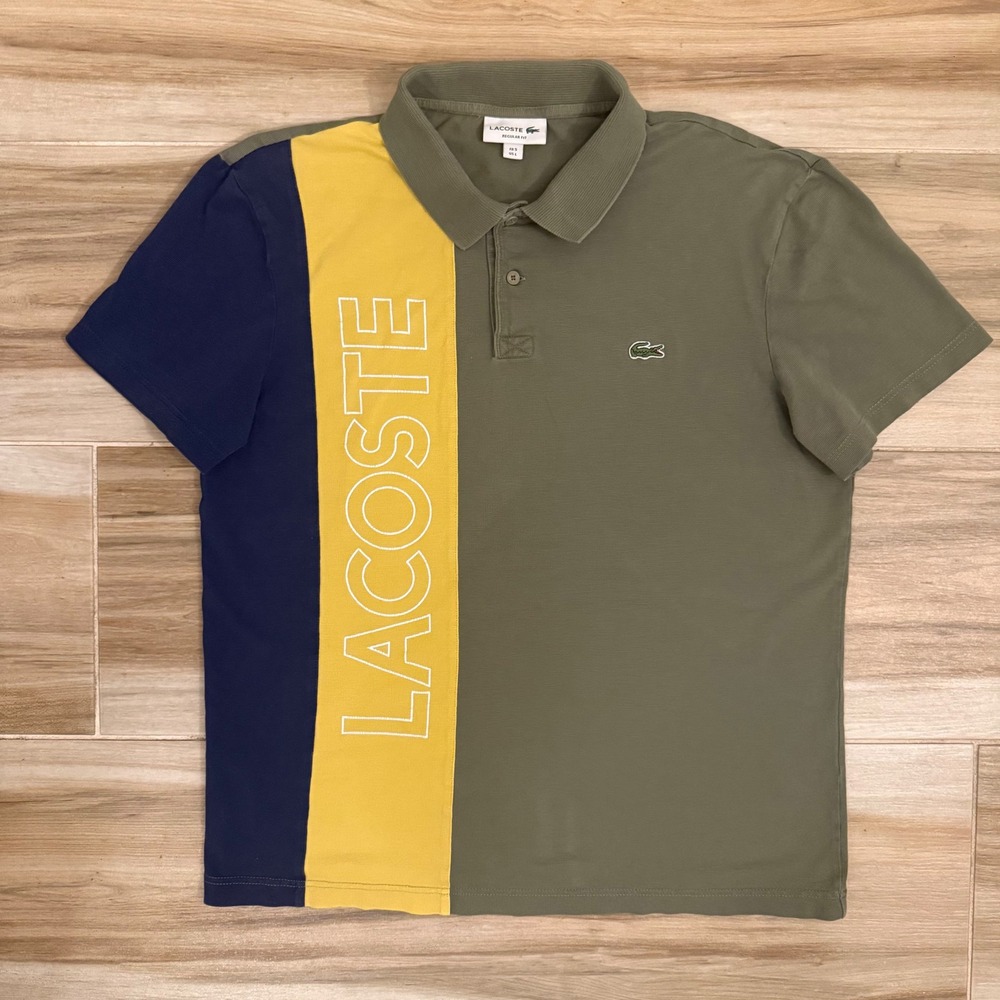 Lacoste Mens Regular Fit Colorblock Polo Shirt Olive Green Blue Yellow Large